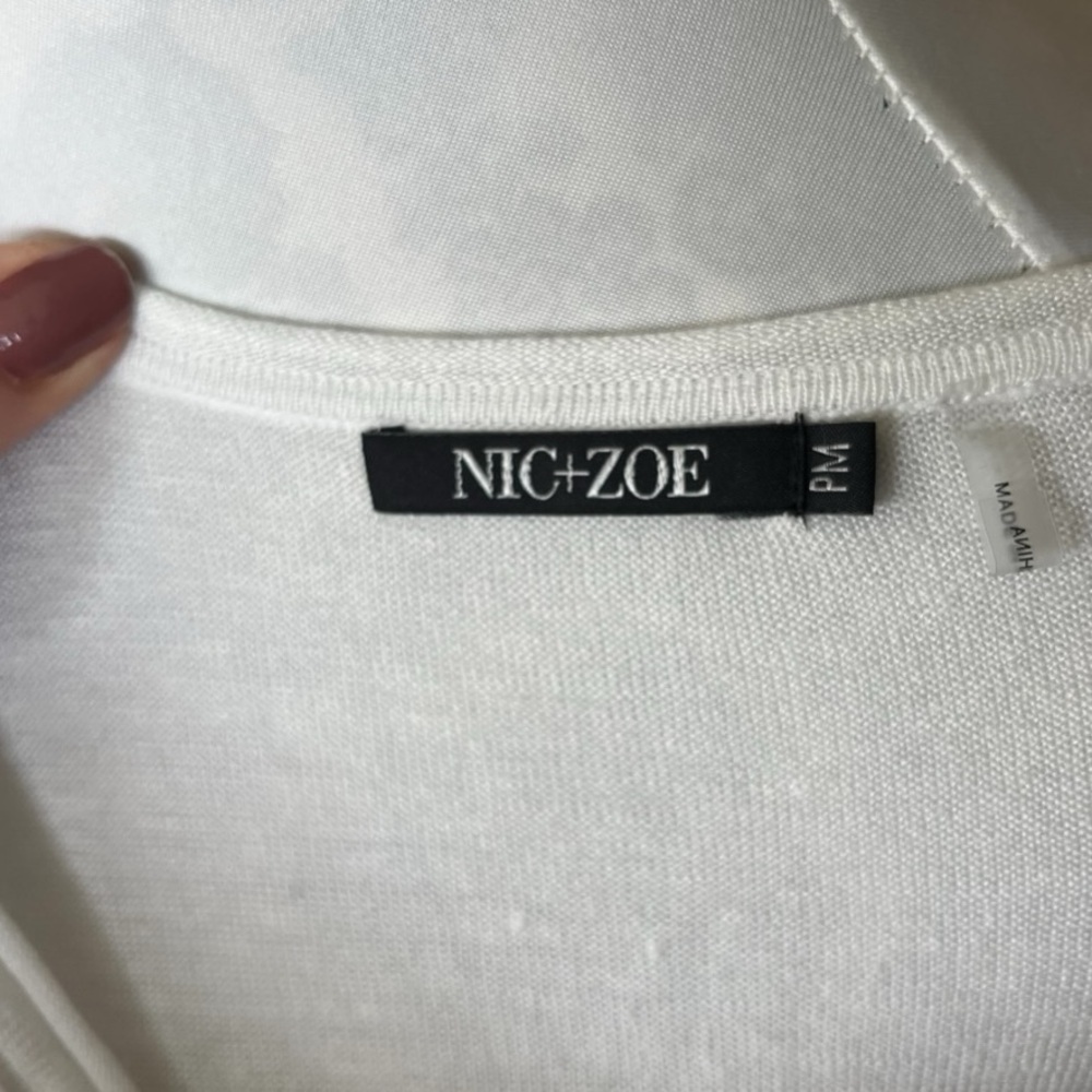 NIC + ZOE Wisteria Linen Blend Embroidered V-Neck Sweater 3/4 Sleeve White | PM - Picture 6 of 10